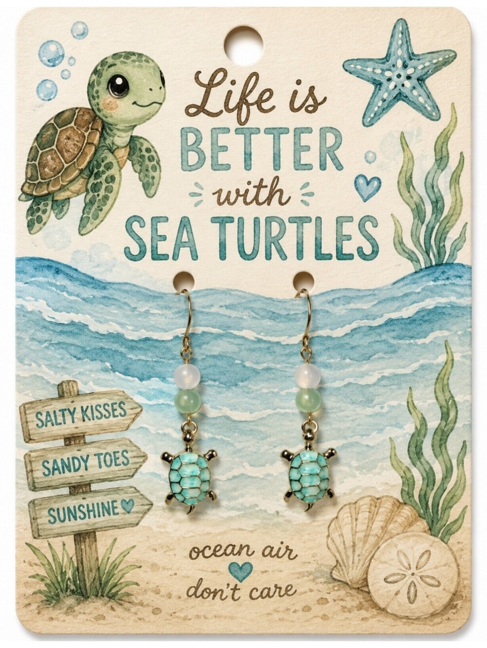 Artisan Beach Seashell Turtle Sea Glass Bead Hypoallergenic Earrings